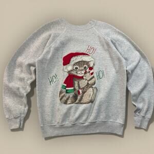 Vtg Ugly Crewneck Sweater Cat Santa Hat Puffy Paint Handmade Large Christmas 90s